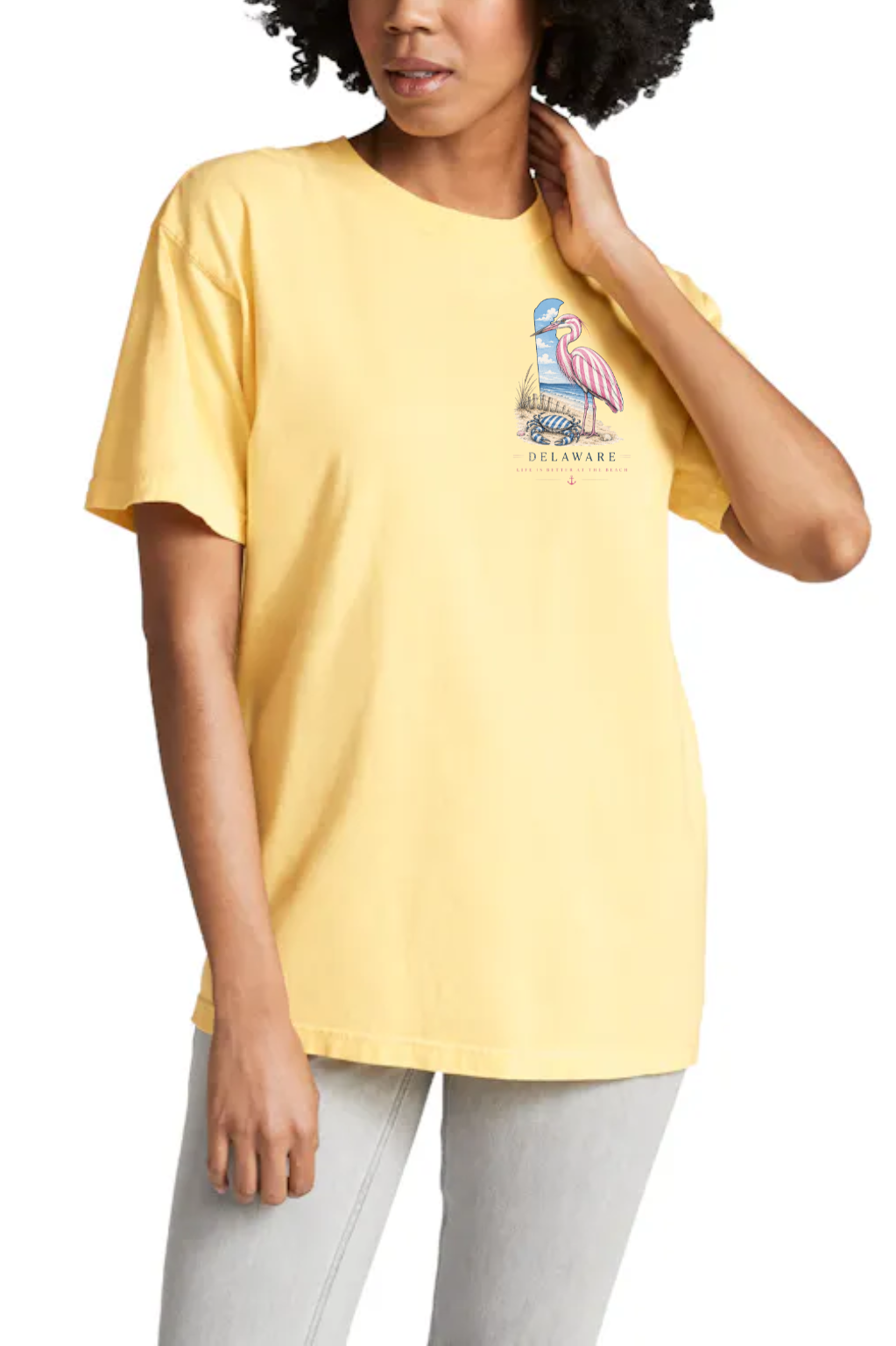 Pink Striped Blue Heron Blue Crab Life is Better at the Beach Delaware T-Shirt