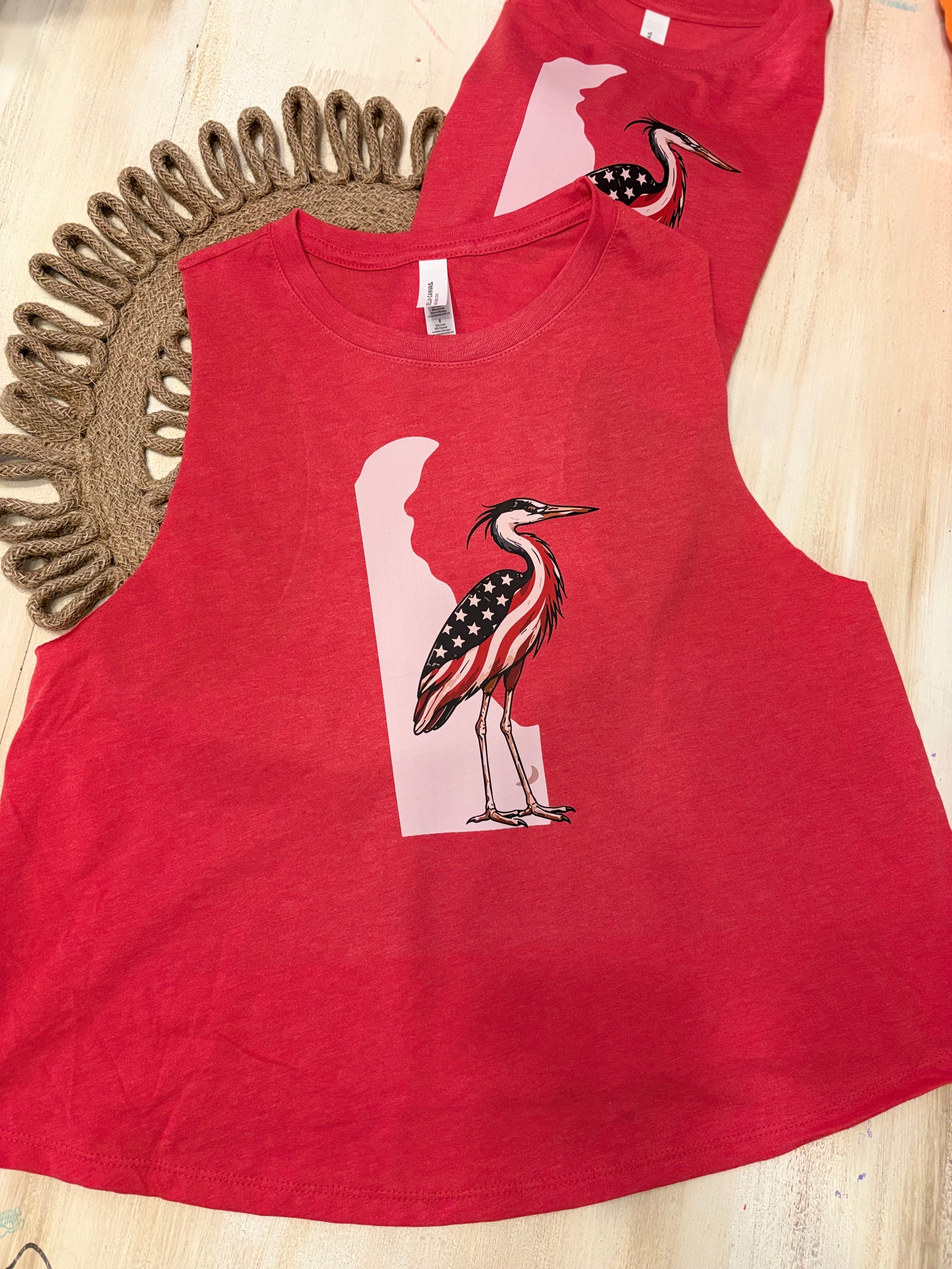 Patriotic Delaware Blue Heron Racerback Cropped Tank Top Red