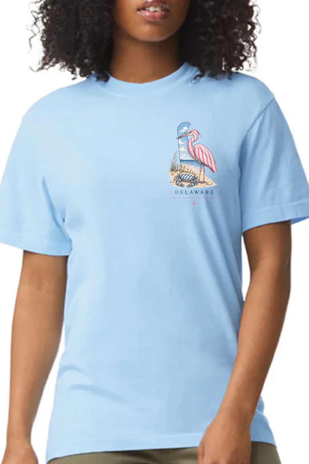 Pink Striped Blue Heron Blue Crab Life is Better at the Beach Delaware T-Shirt