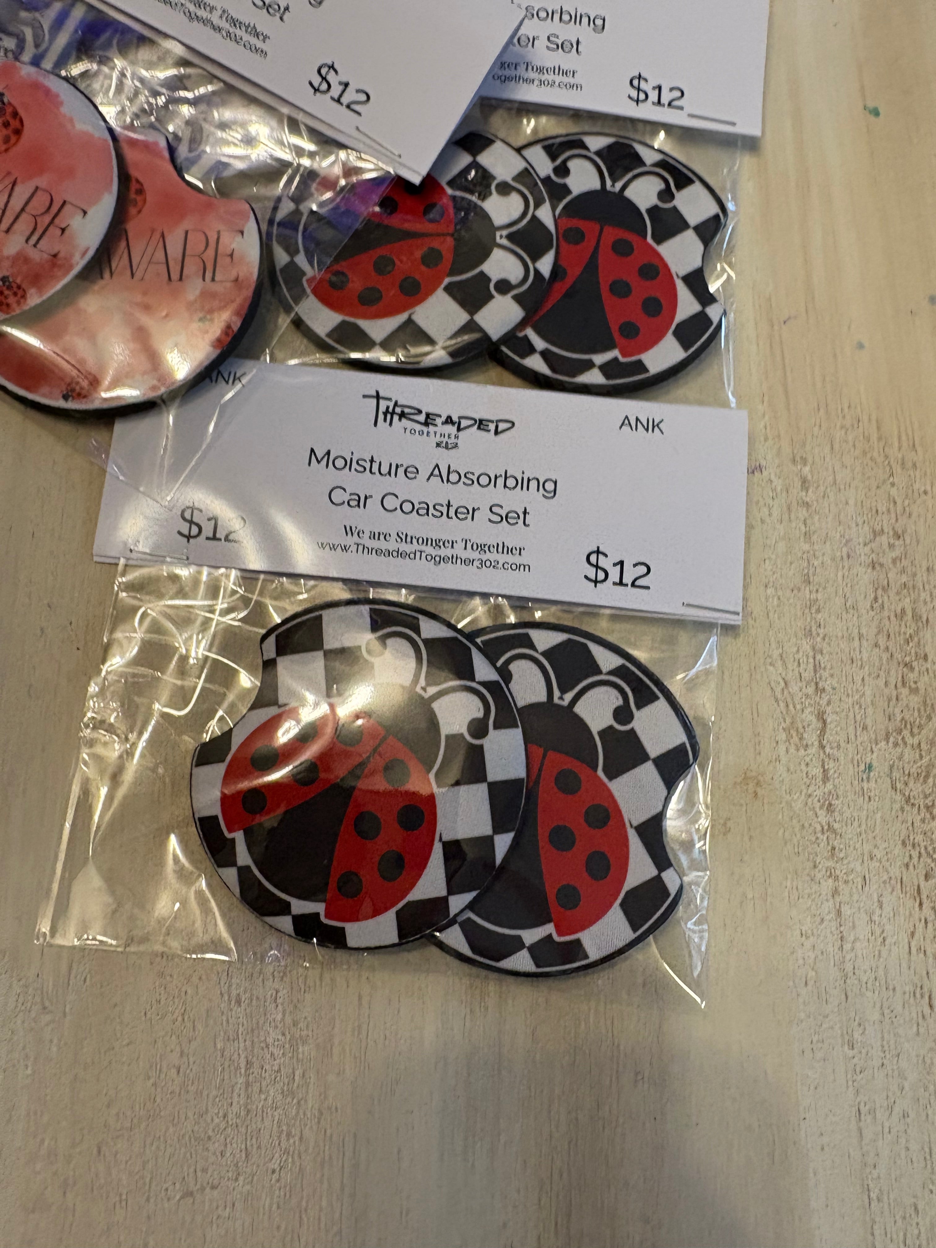 Black & White Checker Ladybug Neoprene Car Coaster Set