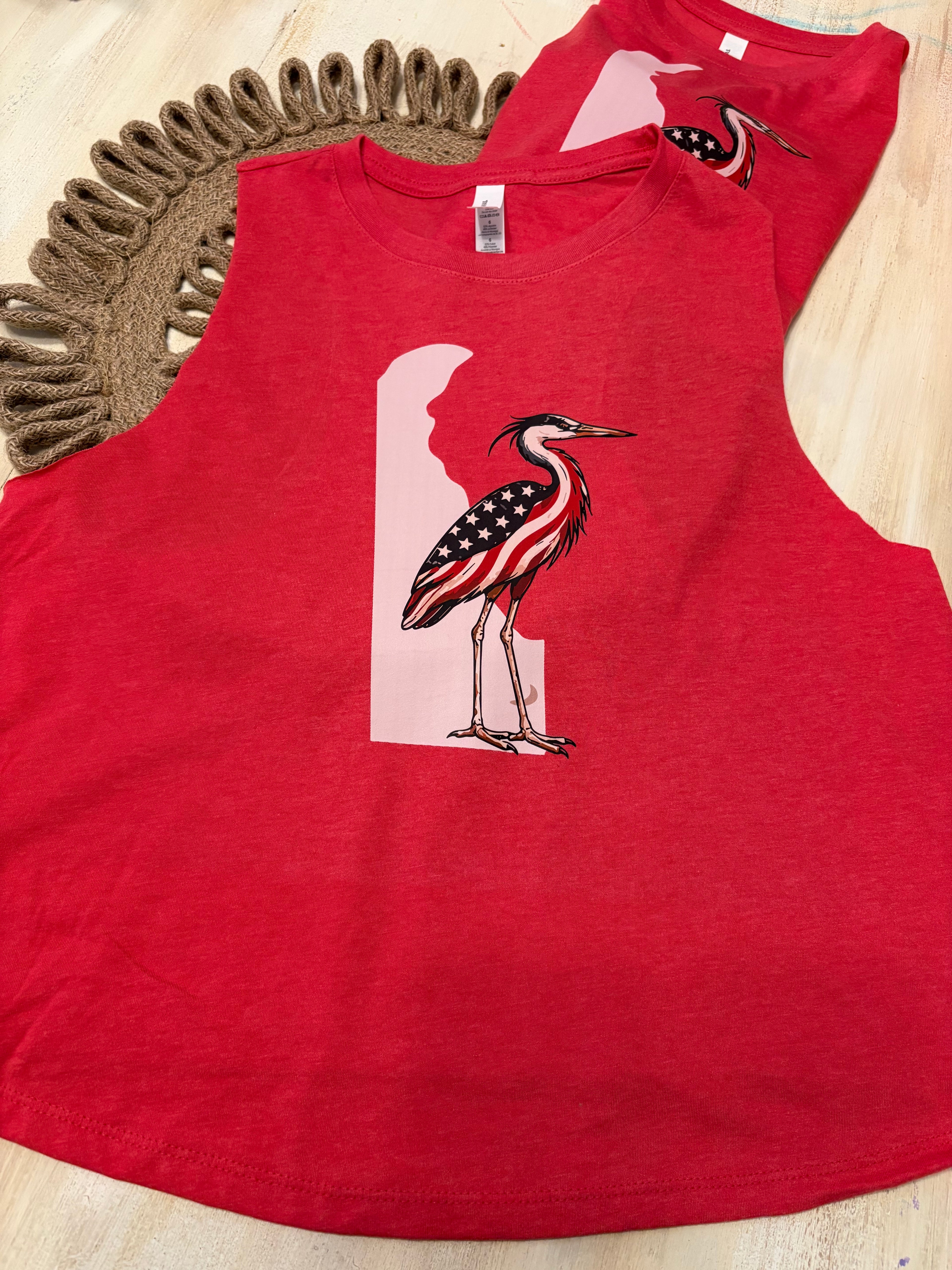 Patriotic Delaware Blue Heron Racerback Cropped Tank Top Red