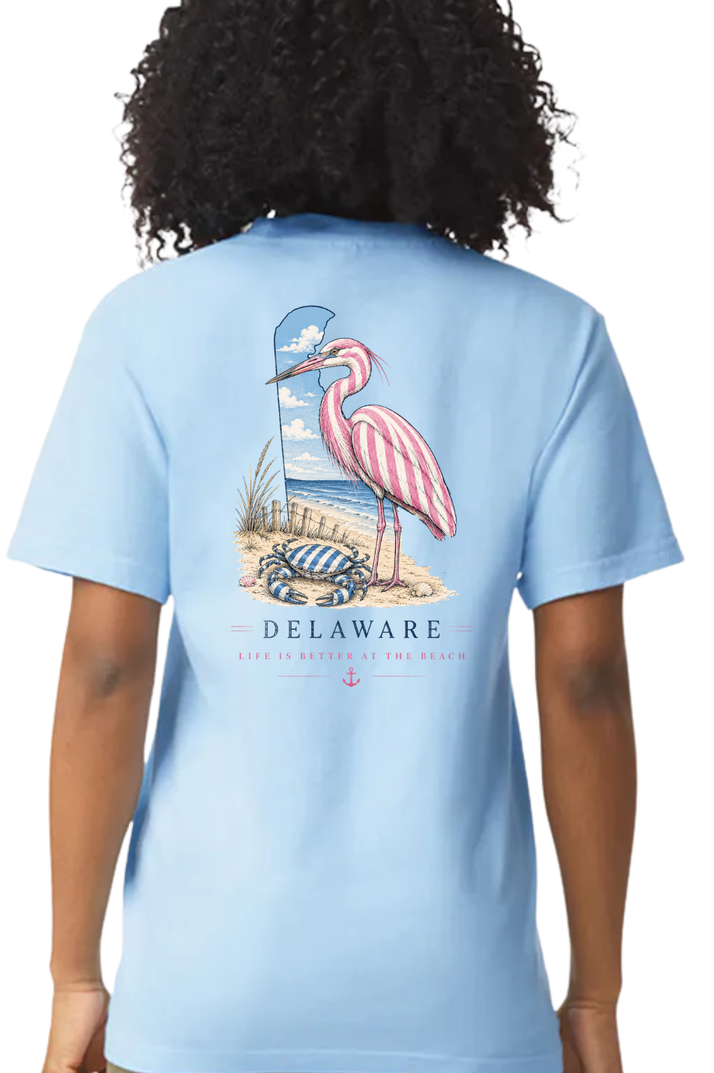 Pink Striped Blue Heron Blue Crab Life is Better at the Beach Delaware T-Shirt