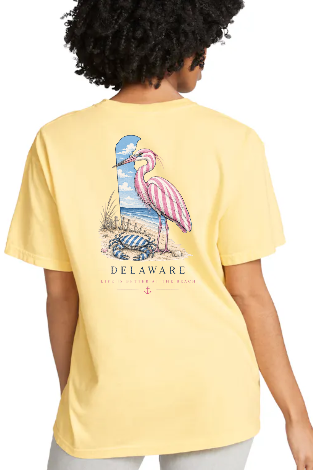 Pink Striped Blue Heron Blue Crab Life is Better at the Beach Delaware T-Shirt