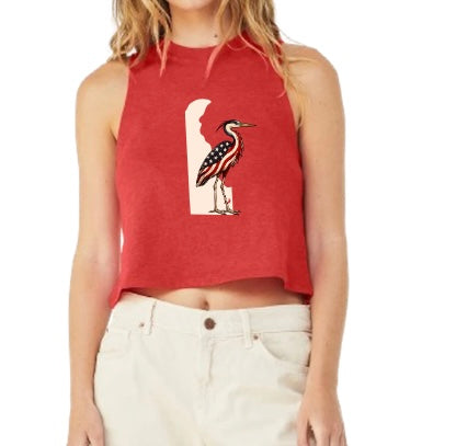 Patriotic Delaware Blue Heron Racerback Cropped Tank Top Red